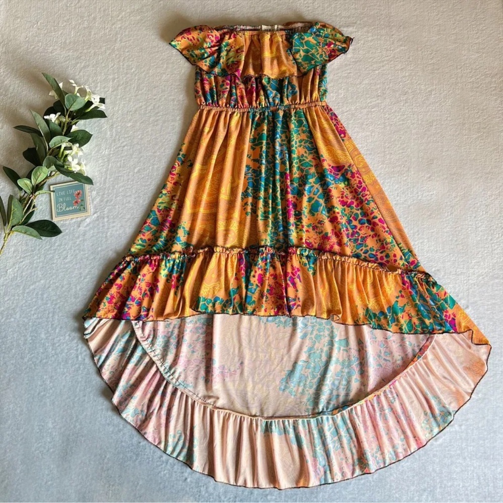 Women’s Floral Multicolor Sundress Cold Shoulder Ruffle Hem Low -High